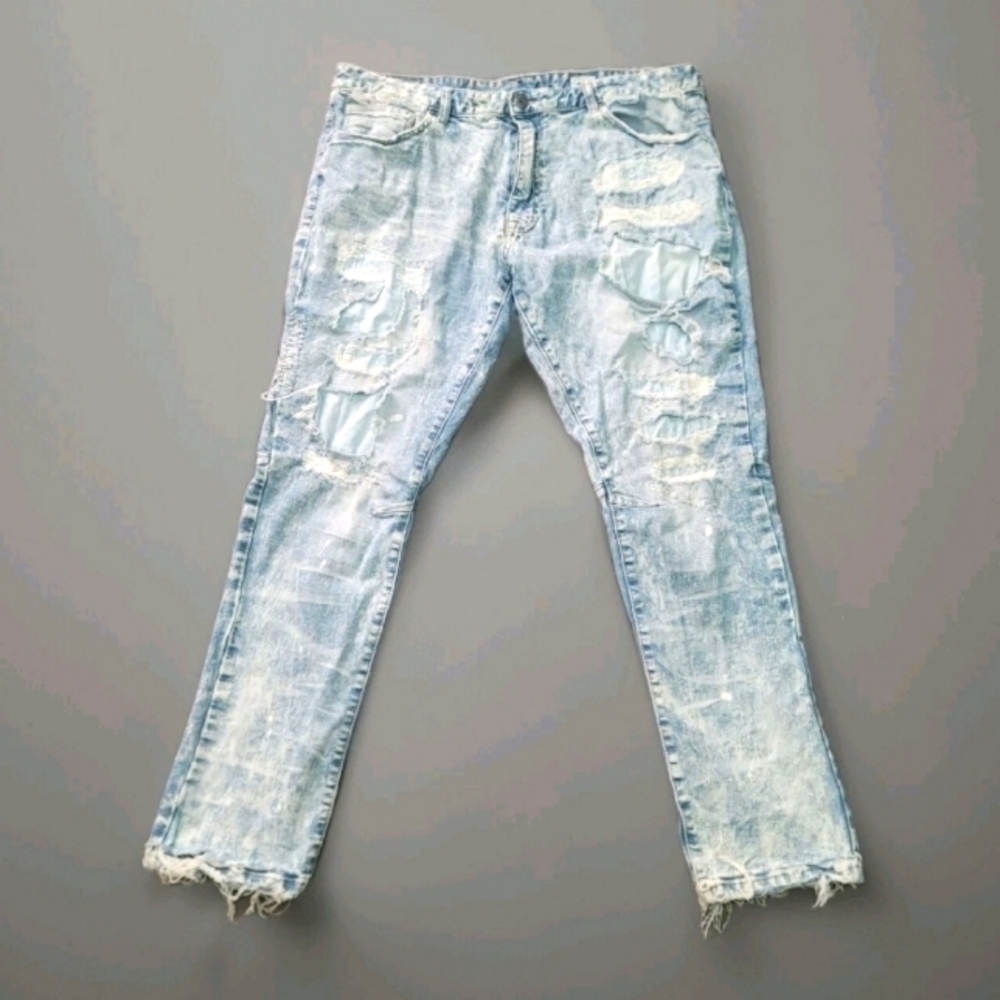 Smoke Rise Distressed Denim Jeans 40x32 Bleach Splatter